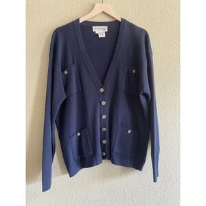 Courtney Rhodes Women's Sz Large Navy Blue Vintage Wool Blend Button-up Cardigan